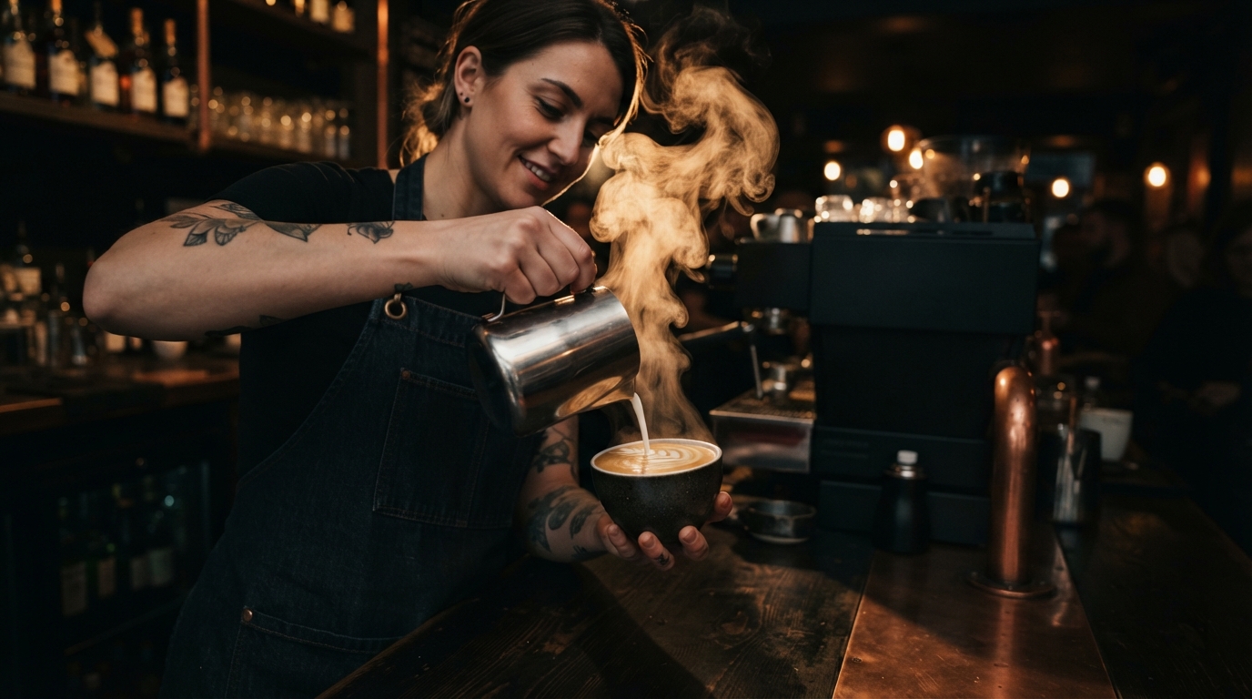 Barista pouring latte art with steam rising