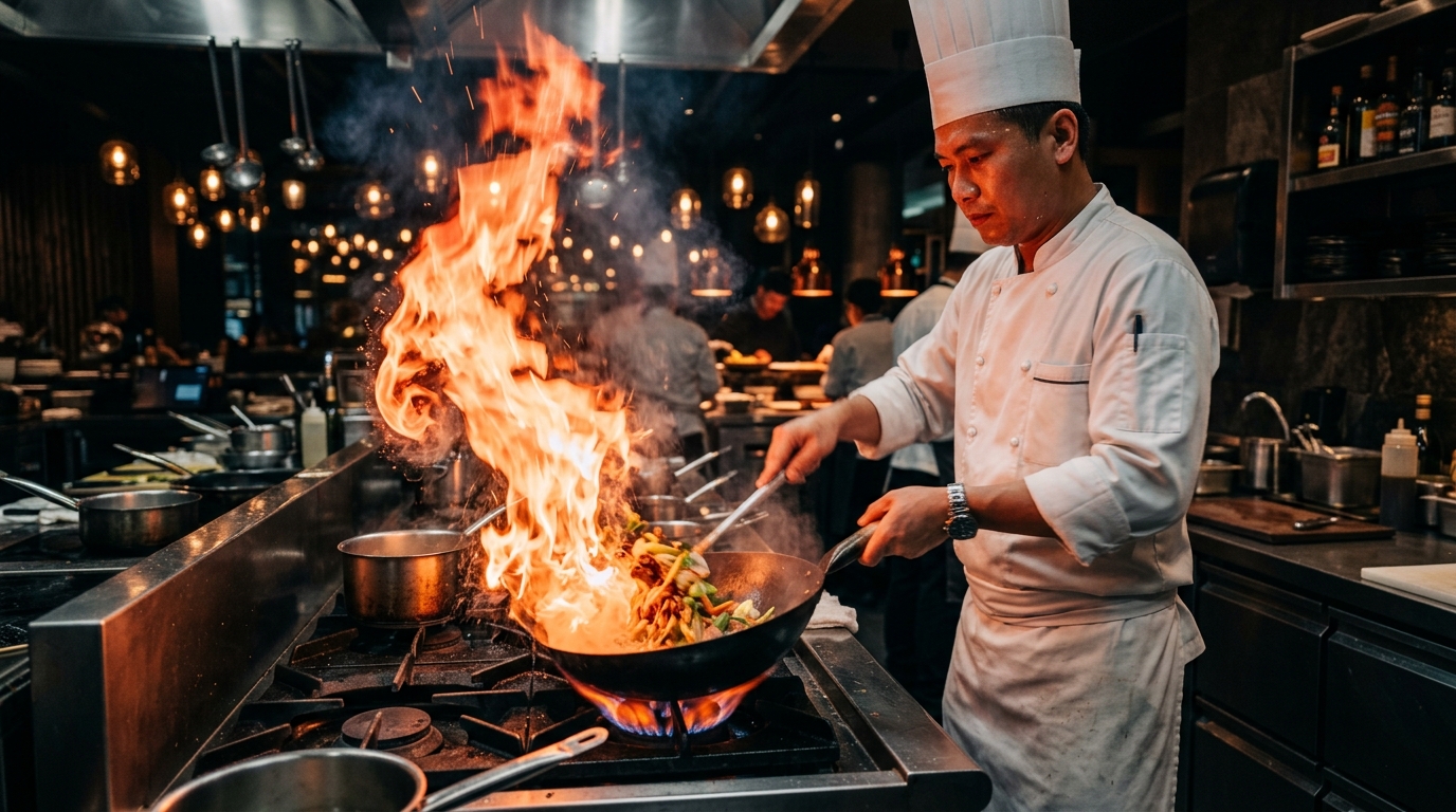 Chef flambeing food in a wok