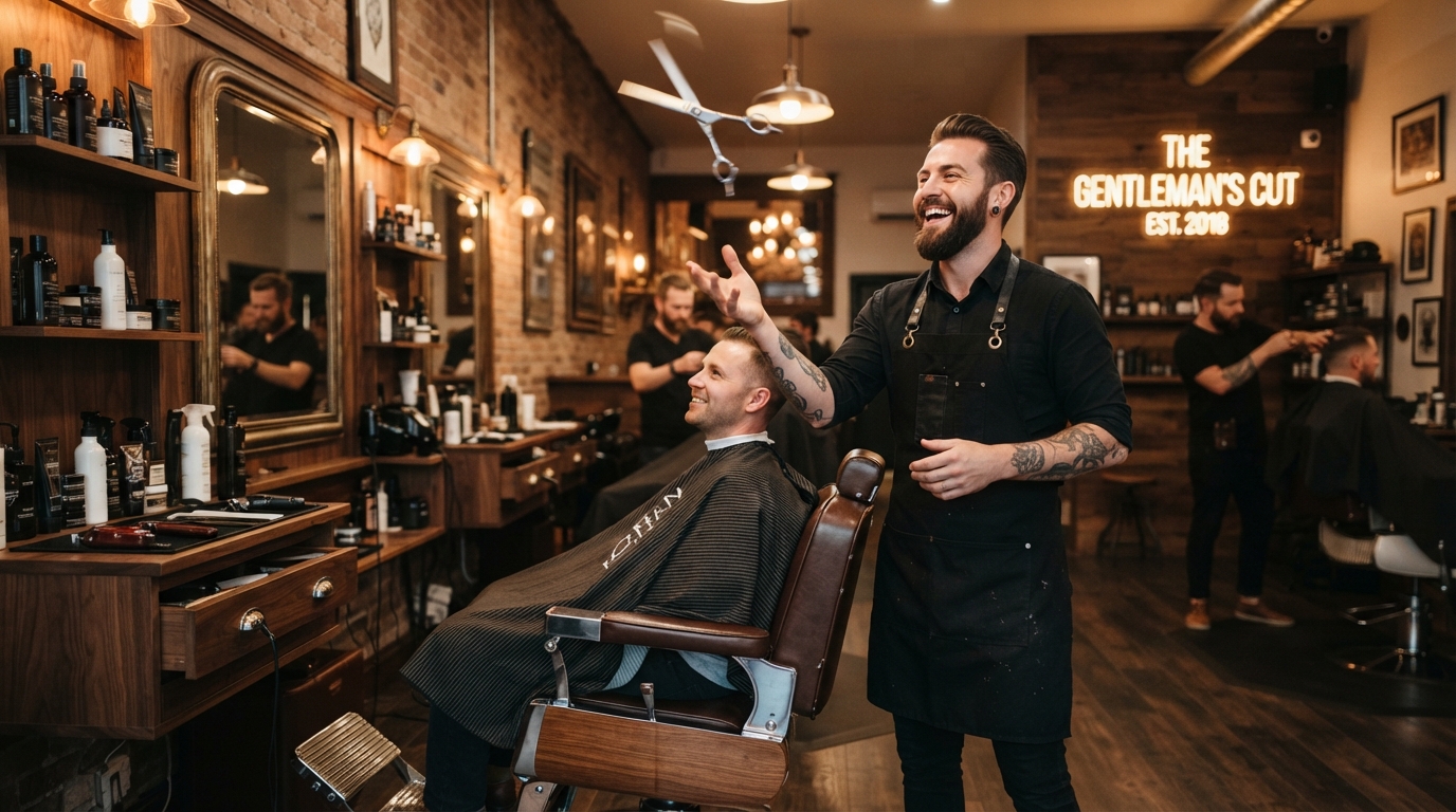 Barber cutting hair, tossing scissors