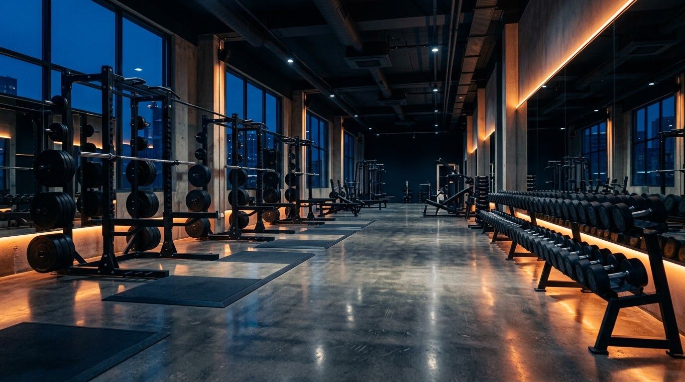 AI-generated placeholder image of a busy gym floor with free weights