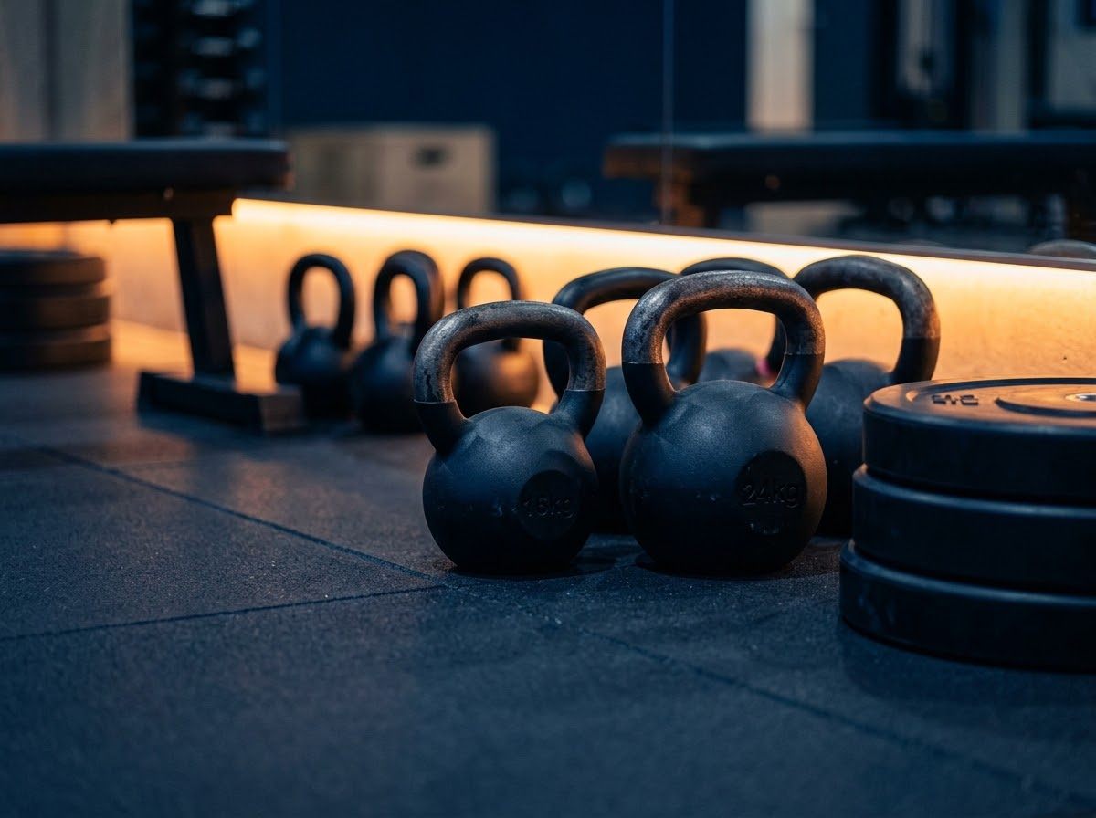 AI-generated placeholder image of kettlebells and dumbbells