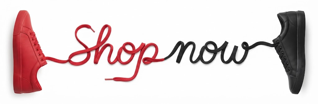 Shop now, spelled out in a red and a black shoelace between two sneakers
